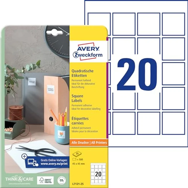 AVERY Zweckform L7121-25 Quadratische Etiketten (500 Klebeetiketten, 45x45mm auf A4, QR Code Aufkleber zum Bedrucken, selbstklebend, permanent haftende QR Code Etiketten) 25 Blatt, weiß – Bild 1