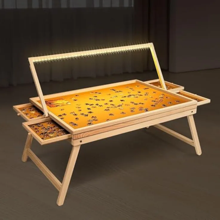 ZYZYZK Haushalt International Puzzlebrett Tisch bis 1.000 Teile 76,5 x 56,5 x 38 cm mit 45 LED & 4 ausziehbaren Sortierfächern, Braun