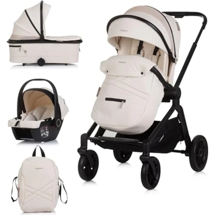 Chipolino Kombikinderwagen Magnum 3 in 1, mit Babywanne, Sportsitz und i-Size Babyschale, Farbe: creme, kompakt faltbar, PU-Räder, 5-Punkt-Gurt, rückwärtsgerichtete Sitzeinheit – Bild 1