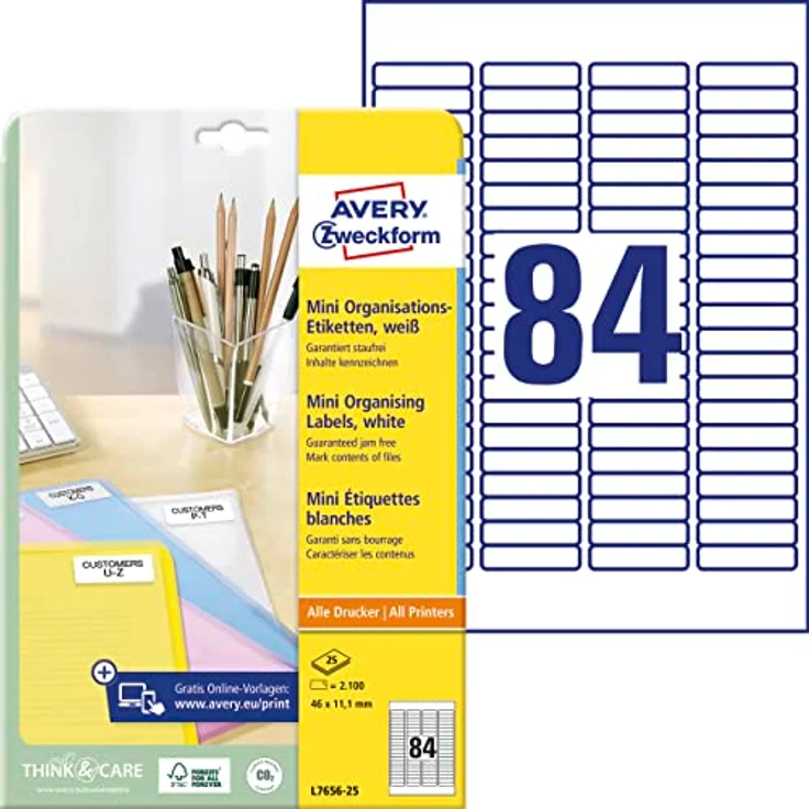 AVERY Zweckform L7656-25 mini Organisationsetiketten (2.100 Aufkleber, 46x11,1mm auf A4, selbstklebende Vielzweck-Etiketten, bedruckbar, Klebeetiketten zum Organisieren/Kennzeichnen) 25 Blatt, weiß – Bild 1