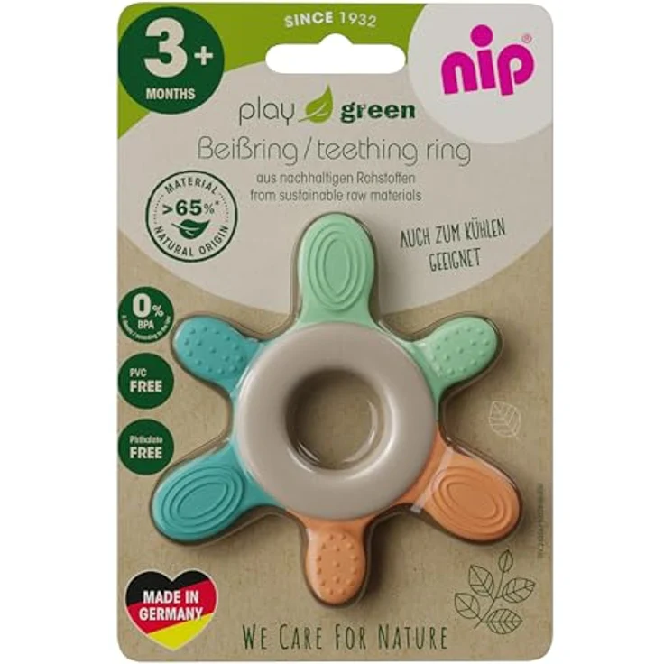 NIP Play Green Baby Beißring, mit Kühlung, mehrfarbiges Spielzeug und Zahnungshilfe, verschiedene Härtegrade, BPA-frei, nachhaltig, ab 3 Monaten – Bild 2