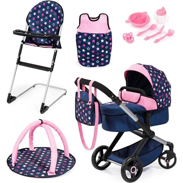 Bayer Design 17016AD Puppenwagen Xeo, Verstellbarer Griff, Schwenkschieber, Jogger, Hochstuhl, Spielbogen, blau – Bild 1