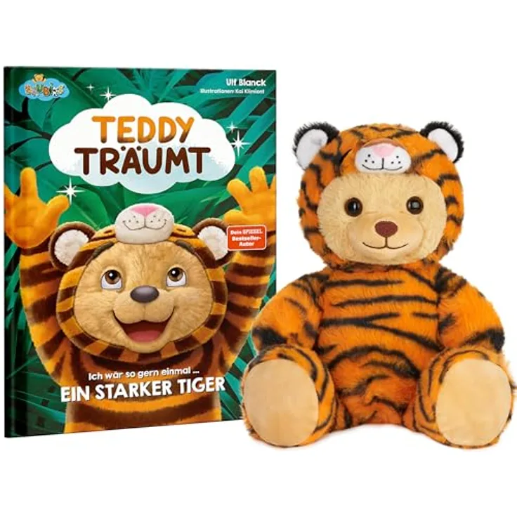 BRUBIES Kuscheltier mit Bilderbuch - Teddy Träumt - Ich wär so gern einmal EIN starker Tiger - Teddybär mit Buch für Kinder ab 2 Jahren - Plüschtier aus superweichem Material - Autor ULF Blanck