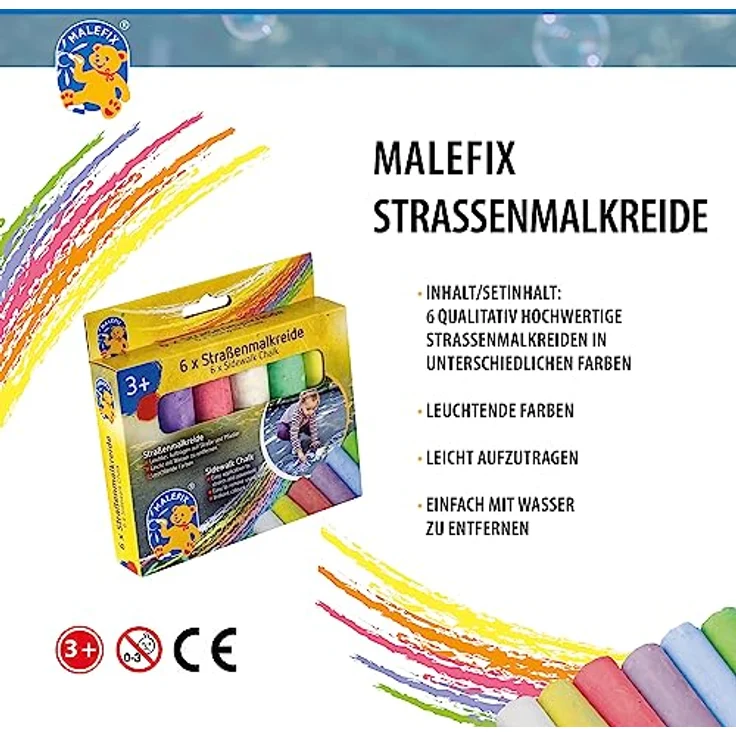 Pustefix MALEFIX Straßenmalkreide 6er Set, leuchtende und wasserlösliche Kreide für Kinder und Erwachsene, vielfältige Farben für kreative Outdoor-Kunstwerke – Bild 4