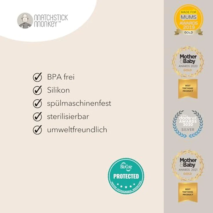 Matchstick Monkey Love Hearts, Silikon-Beißring mit ergonomischen Armen und Struktur-Noppen, ab 3 Monaten – Bild 7