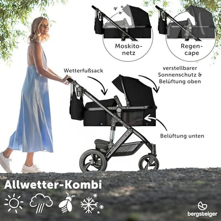 Bergsteiger Nizza 3 in 1 Kinderwagen, Kombikinderwagen Komplettset, Babywanne & Buggy Sportsitz inklusive, Auto-Babyschale & Isofix Station optional, grau – Bild 5