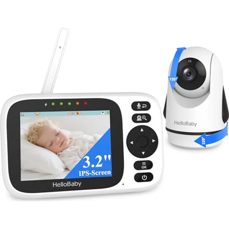 HelloBaby HB6339 Babyphone mit Kamera, 3,2 Zoll IPS Bildschirm, kabelgebunden, 2-Wege Audio, Nachtsicht, Temperaturalarm, 8 Schlaflieder