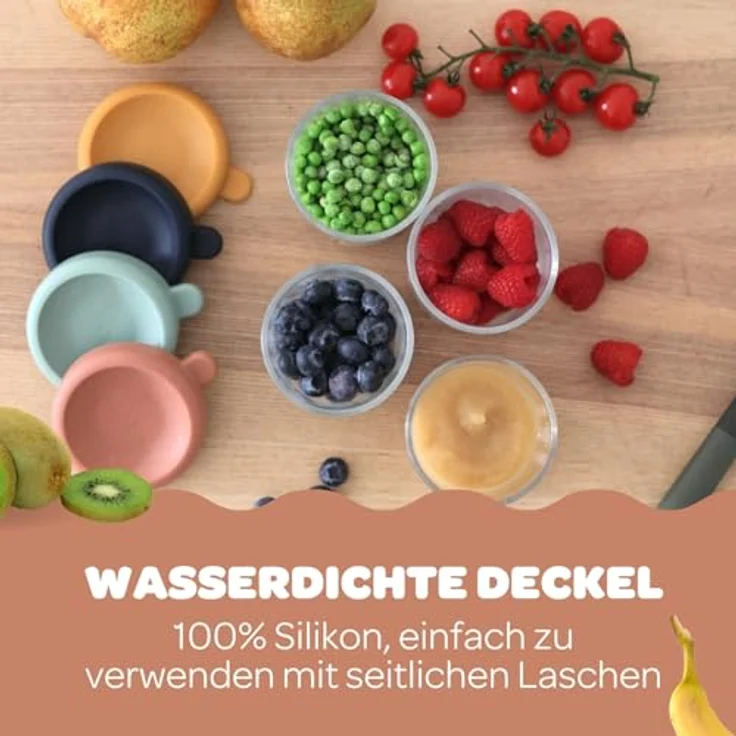 Beaba Glasportionenset, Babynahrungsbehälter mit 4 x 250 ml Portionengläschen, hitzebeständig und mit hermetischen Silikondeckeln, transparent – Bild 2