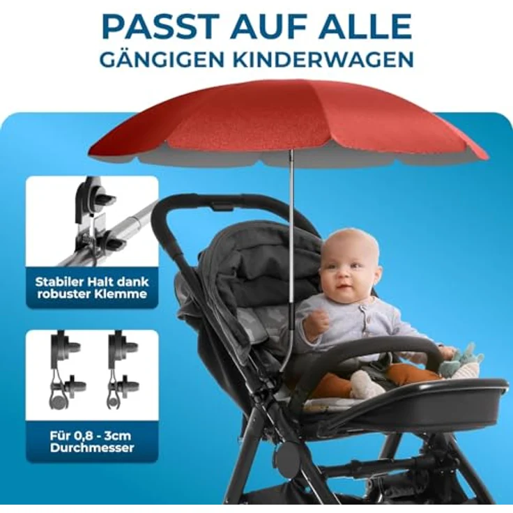 STYNGARD Sonnenschirm Kinderwagen Modell ROME, UV Schutz 50+, 70 cm Durchmesser mit Überhang, rot – Bild 3