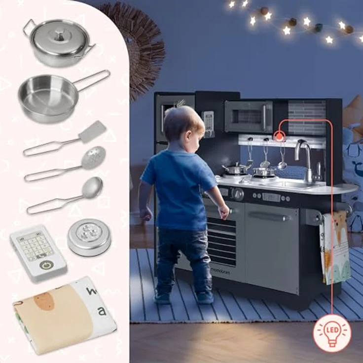 mamabrum Spielküche mit LED-Blitzsystem, Kinderspielzeug aus Holz, Rollenspielküchenzubehör für Kinder, Naturholz/Grau – Bild 3