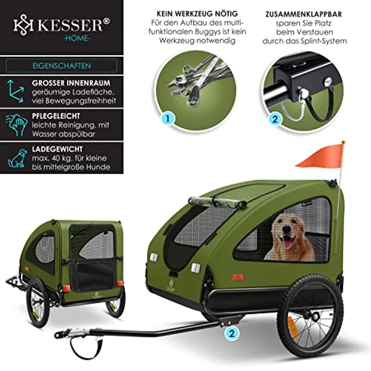 KESSER® Hundeanhänger Boxer 2-in-1 Hundebuggy Fahrradanhänger groß ca. 250L Volumen - Inkl. Fahne und Tasche - 600D Oxford Canvas, Klappbar SmartSpace Concept, maximale Belastbarkeit: 45kg Khaki / Schwarz – Bild 3