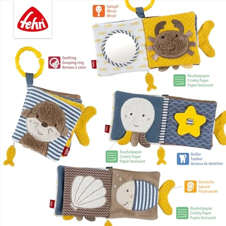 Fehn Greifspielzeug Otter Theo, Fühlbuch mit Quietsche, Spiegel und Greifring für Babys und Kleinkinder ab 0 Monaten – Bild 3
