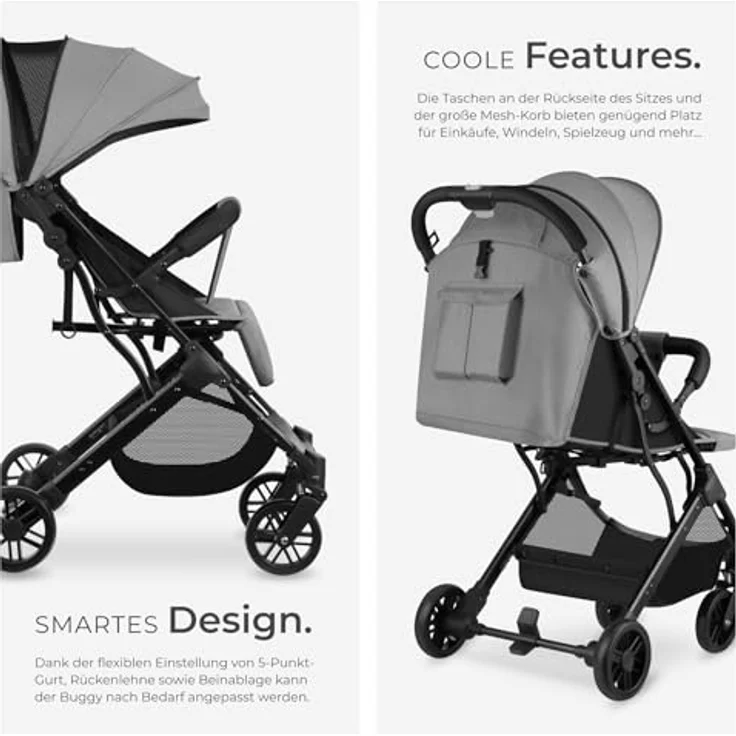 tectake® Buggy Kinderwagen von 0 bis 3 Jahre, einhändig faltbarer Reisebuggy, Kinderwagen mit Verdeck - grau/beige – Bild 3