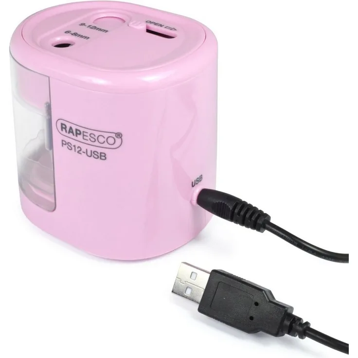RAPESCO PS12-USB, Elektrischer Anspitzer mit Doppel-Loch Design für Stiftgrößen 6-12mm, rosa