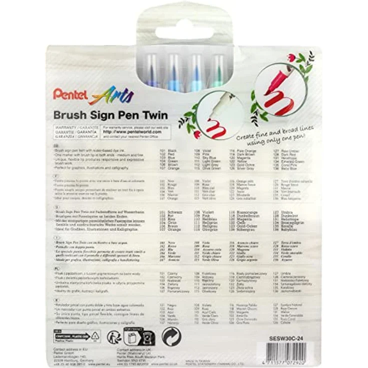 Pentel SESW30C-24 Brush Sign Pen Twin, 24-Farben-Set, Fasermaler mit zwei flexiblen Schreibspitzen, Tinte auf Wasserbasis, sortiert, 1 Stück (24er Pack) – Bild 2