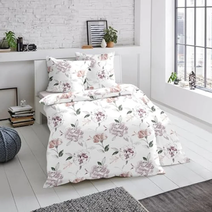Traumschlaf Moderne Biber Bettwäsche Atherton Rose kuschelig weich aus 100% Baumwolle mit Reißverschluss - Made in Germany 155x220 cm + 80x80 cm, florales Design – Bild 2