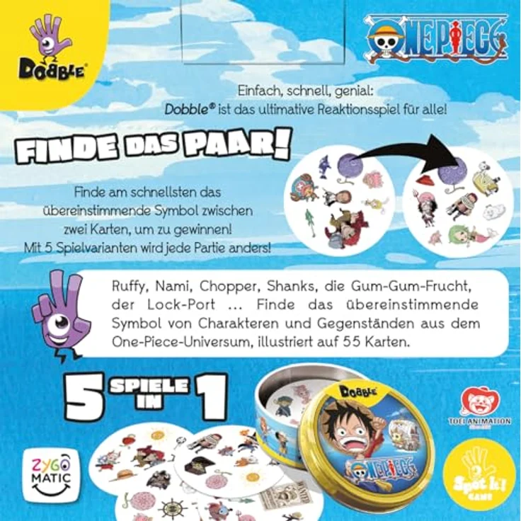 Asmodee Dobble One Piece, Familienspiel für 2-8 Spieler ab 6 Jahren, schnelles Reaktionsspiel mit 15 Minuten Spielzeit, mehrsprachige Metalldose – Bild 4