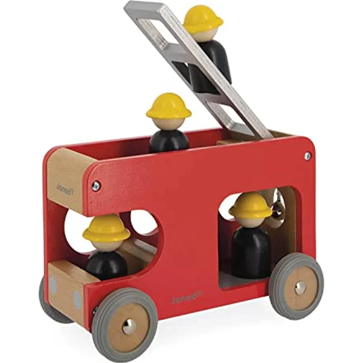 Janod J04632 Solid Wood Feuerwehrauto mit 4 Feuerwehrleuten, abnehmbarer Leiter, FSC-zertifiziert, rot, für Kinder ab 2 Jahren – Bild 5