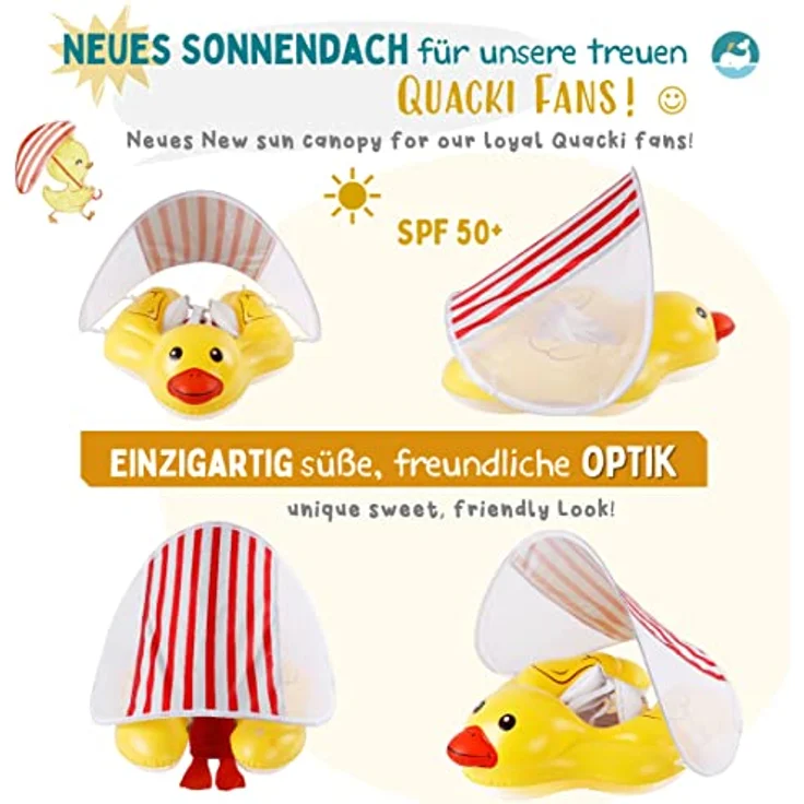 EDWEKIN® Einzigartiger Baby Schwimmtrainer mit abnehmbarem Sonnendach, Ente Schwimmring Baby, Baby Schwimmhilfe mit Sonnenschutz, Schwimmreifen für Babys, Kleinkinder, S (QuackiPlus S) – Bild 5