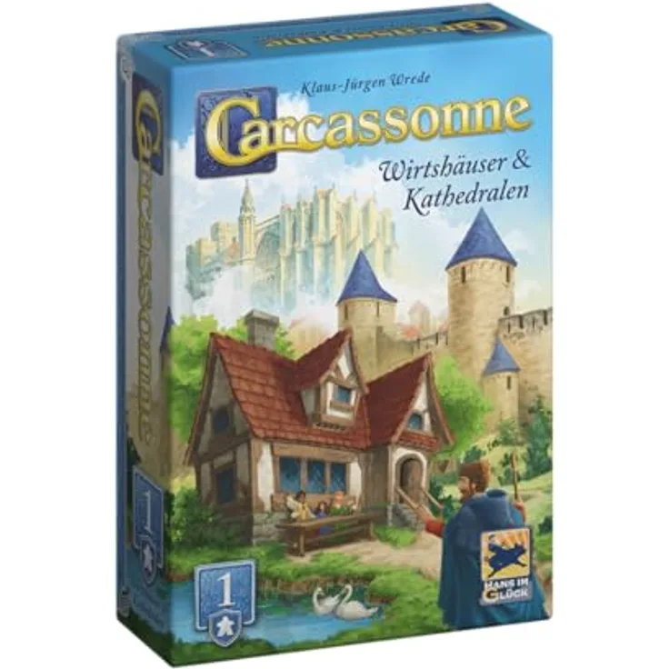 Hans im Glück Carcassonne – Wirtshäuser und Kathedralen (Auflage 2025), 1. Erweiterung, Familienspiel für 2-6 Spieler ab 7 Jahren, 45 Minuten Spielzeit, Deutsch
