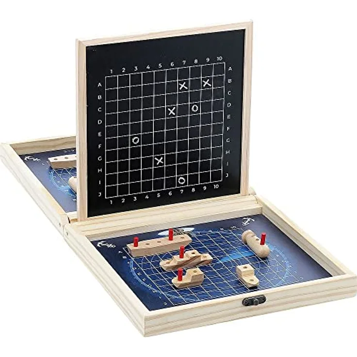 Vilac Bataille navale - Marine nationale, Brettspiel mit wiederbeschreibbarer Schiefertafel und Jutesäckchen, zusammenklappbare Holzbox