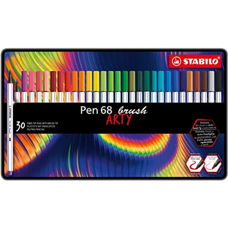 Premium-Filzstift mit Pinselspitze für variable Strichstärken - STABILO Pen 68 brush - ARTY - 30er Metalletui - mit 30 verschiedenen Farben