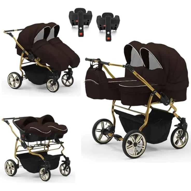 Elcar Zwillingskinderwagen Duet Lux Goldedition 5 in 1 inkl. Autositze und Iso Bases - 14 Teile - in 20 Farben – Bild 1