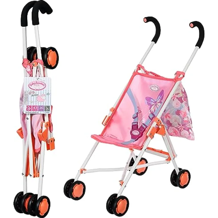 Zapf Creation 707470 Baby Annabell Active Stroller und Tasche - Faltbarer Puppenwagen mit Netz und 3-Punkt-Gurt, 62cm Griffhöhe in rosa.