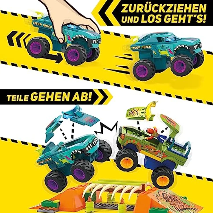 MEGA Hot Wheels Monster Trucks Bauspielzeug, Smash & Crash Mega-Wrex Boneyard Stuntparcours mit 332 Teilen, 2 Figuren und 2 Rampen, Kinder ab 5 Jahren, HKF89 – Bild 4