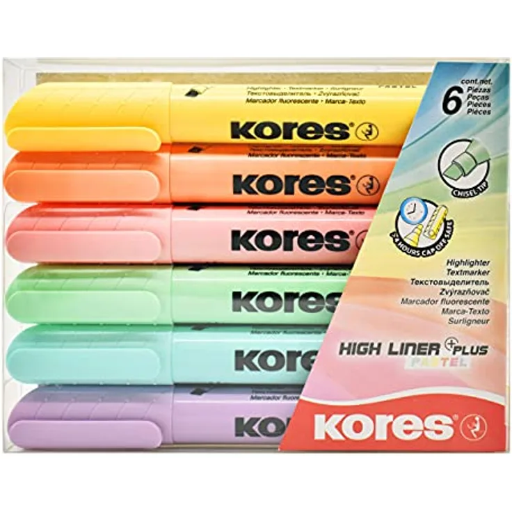 Kores - High Liner Plus: Pastellfarbene Textmarker Stifte, Keilspitze und wasserbasierte Tinte, Schul- und Bürobedarf, Set von 6 Sortierten Farben