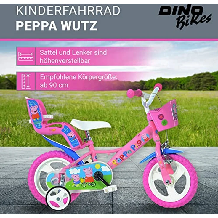 Dinobikes Kinderfahrrad Peppa Wutz Pig 12 Zoll - Mädchen Fahrrad mit abnehmbaren Stützrädern & Puppenträger - verstellbare Sattel- & Lenkerhöhe (Pink) – Bild 2