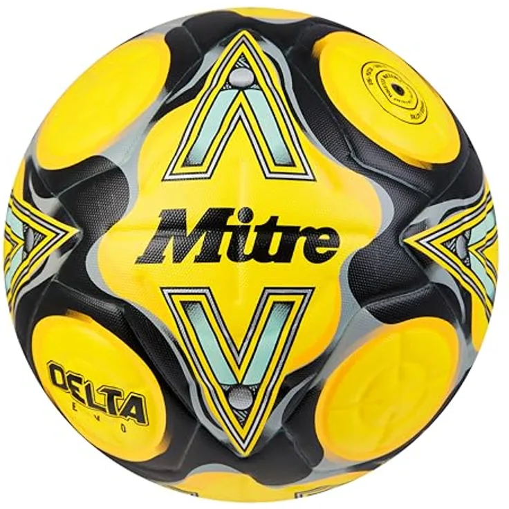 Mitre Delta Fußball, langlebig mit verbesserter Genauigkeit und Konsistenz, Gelb/Schwarz/Grau (Fluo-Gelb/Schwarz/Kreisgrau), Größe 5