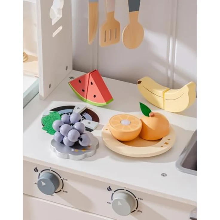 ROBOTIME Spielküche Zubehör Holz, 4-in-1 Schneiden Spielzeug-Lebensmittel mit integrierter Aufbewahrungstasche und sicheren Spielzeugen aus Naturholz – Bild 5