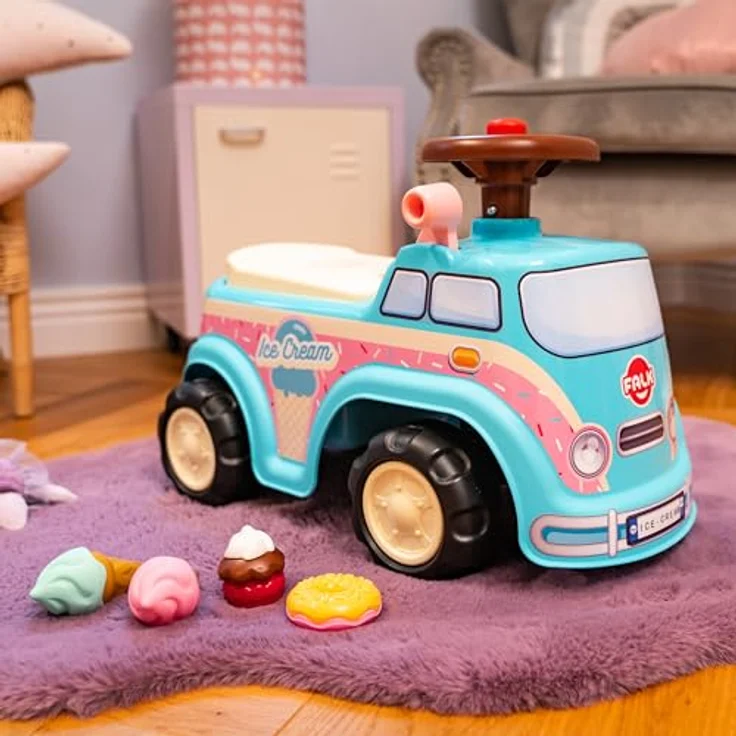 Falk Träger 708, Rutschauto mit Aufbewahrung unter dem Sitz, für motorische Entwicklung, inklusive Zubehör in Form von Eis, Donut und Cupcake, hergestellt in Frankreich – Bild 2