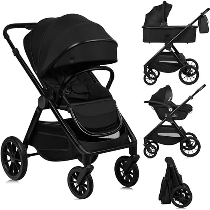 Lionelo Layla 3-in-1, Kinderwagen in Black Onyx mit Babywanne, Autohalterung und Adac-zertifiziertem Kindersitz