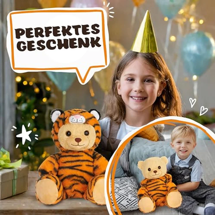 BRUBIES Teddy Tiger, 25 cm Teddybär im Tigerkostüm mit abnehmbarer Kapuze, extra weiches Plüschtier für kuschelige Abenteuer – Bild 4