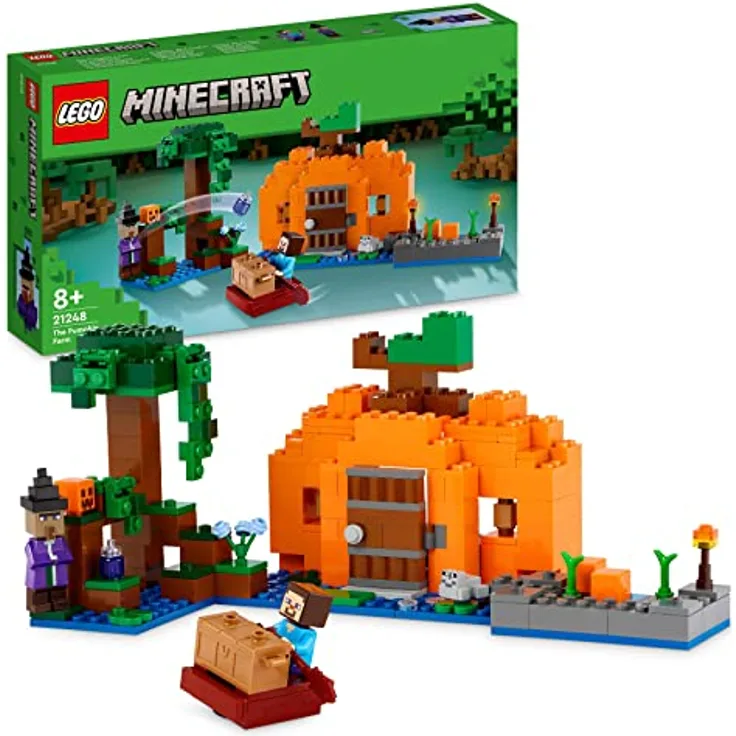 LEGO 21248 Minecraft Die Kürbisfarm Set, baubares Spielzeug-Haus mit Frosch, Boot, Schatztruhe sowie Steve- und Hexen-Figuren, Sumpfbiom-Actionspielzeug, Geschenk für Kinder, Jungen, Mädchen