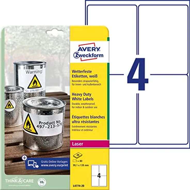 AVERY Zweckform L4774-20 Wetterfeste Folienetiketten (80 Klebeetiketten, 99,1x139mm auf A4, extrem stark selbstklebend, wasserfest, strapazierfähig, bedruckbare Outdoor Klebefolie) 20 Blatt, weiß – Bild 1