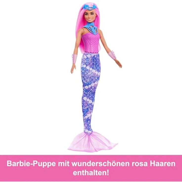 Barbie Adventskalender JFL66, mit Puppe und 24 Überraschungs-Accessoires, rosa Haar, verwandelbar in Meerjungfrau, Fee und mehr, inkl. Mini-Einhorn und Tiere – Bild 3