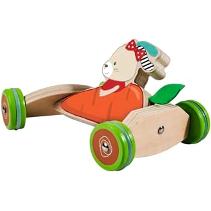 Eichhorn Greifspielzeug Schiebefahrzeug, Hasen-Karotten Motiv, FSC®-zertifiziert, 16 cm, geräuschlose Silikonreifen – Bild 2