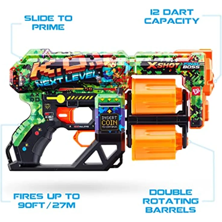 XShot X-Shot Skins Dread - K.O - Federdruck Dartblaster mit Doppeltrommel-Magazin, 12 Darts & einzigartigem bunten Pixel-Look – Bild 5