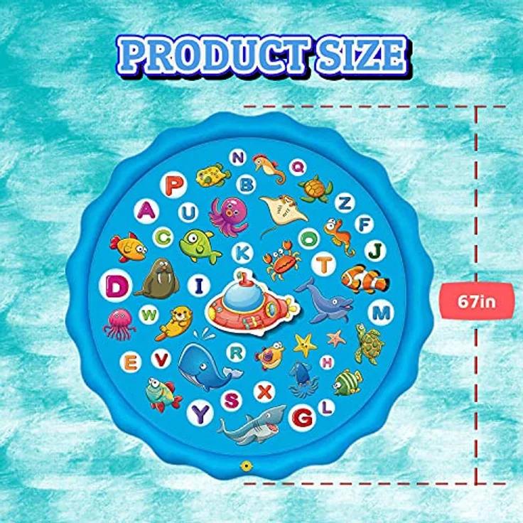 Paochocky Sprinkler Wasserspielmatte, 170 cm große runde Aufblasbare Splash Spielmatte aus hochwertigem PVC für Outdoor Sommerspaß mit bunten Meeresgrafiken für Kinder und Haustiere – Bild 5