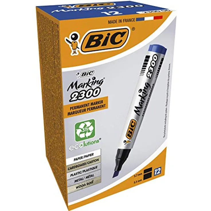 BIC Permanent Marker Marking 2300 ECOlutions. Keilspitze, 3,7 bis 5,5 mm, Schachtel à 12 Stück, blau