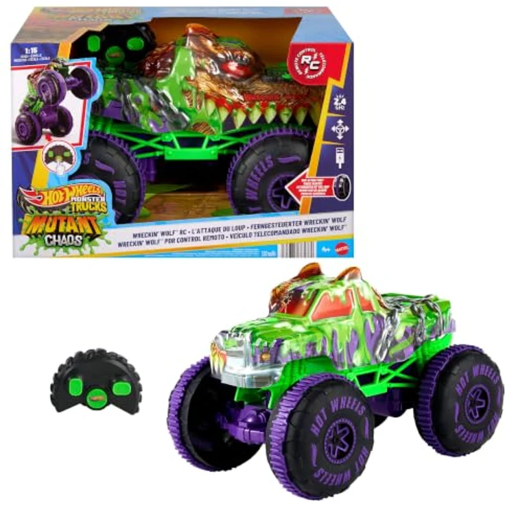 Hot Wheels Monster Trucks Wreckin‘ Wolf, ferngesteuertes Spielzeug im Maßstab 1:15 mit Offroad-Reifen und stuntfähigen Hinterrädern, für Kinder ab 4 Jahren – Bild 1