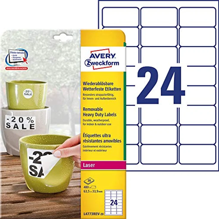 AVERY Zweckform L4773REV-20, wetterfeste Folienetiketten, weiß, 480 Stück, 63,5 x 33,9 mm, selbstklebend, wasserabweisend, ablösbar – Bild 1