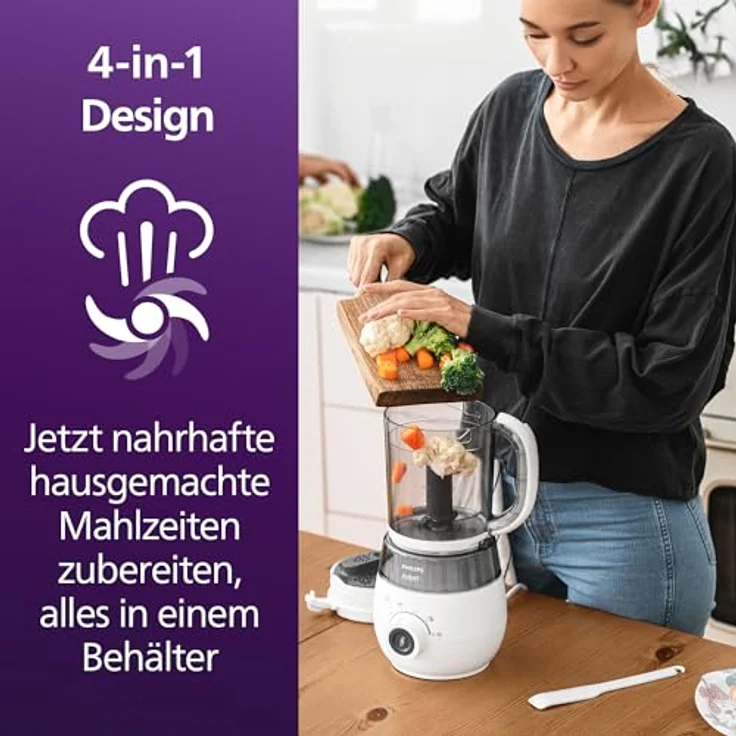 Philips Babynahrungszubereiter SCF883/20, 4-in-1 Dampfgarer und Mixer mit 10 Bechern, 400 W, weiß – Bild 2