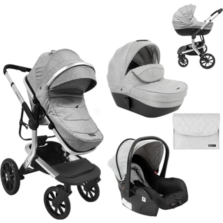 Kikkaboo Kinderwagen Irene 3 in 1, Kombikinderwagen mit Tragetasche, Autositz, verstellbarem Schiebegriff und Wickeltasche, geeignet von Geburt bis 15 kg