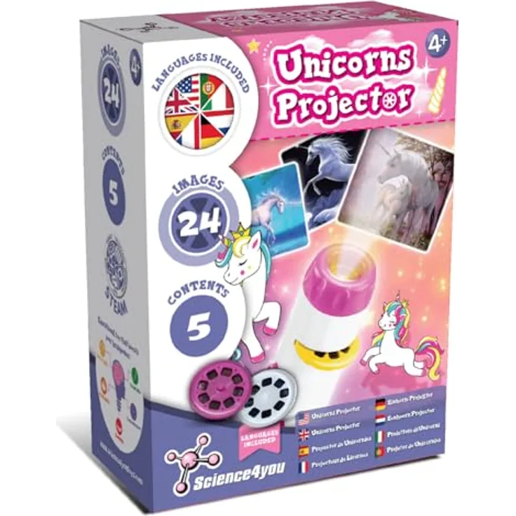 Science4you Einhorn-Taschenlampenprojektor für Kinder, 24 Bilder und Lernbuch, Spielzeug ab 4 Jahren