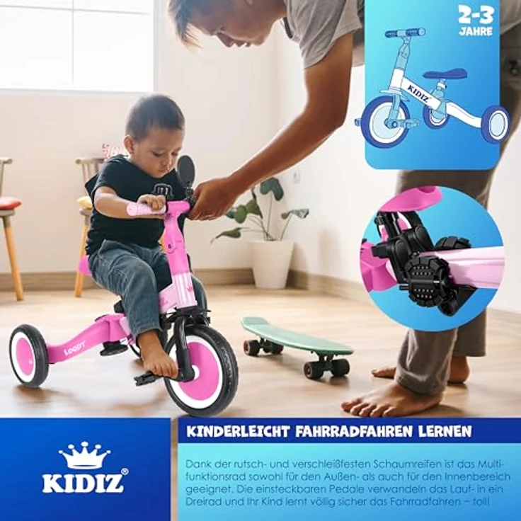KIDIZ® 6in1 Laufrad Dreirad Rosa | Lauffahrrad Kinder ab 1-5 Jahre | Sicherheitsbügel Sicherheitsgurt Klingel & Spiegel | Wachstumsanpassung & Straßentauglichkeit – Bild 5