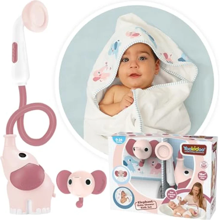 Yookidoo Duschkopf für Baby-Badewanne, Elefanten-Wasserpumpe mit Stammauslauf, 2-Tasten-Wasserflusskontrolle, für Neugeborene, Blush Pink – Bild 2